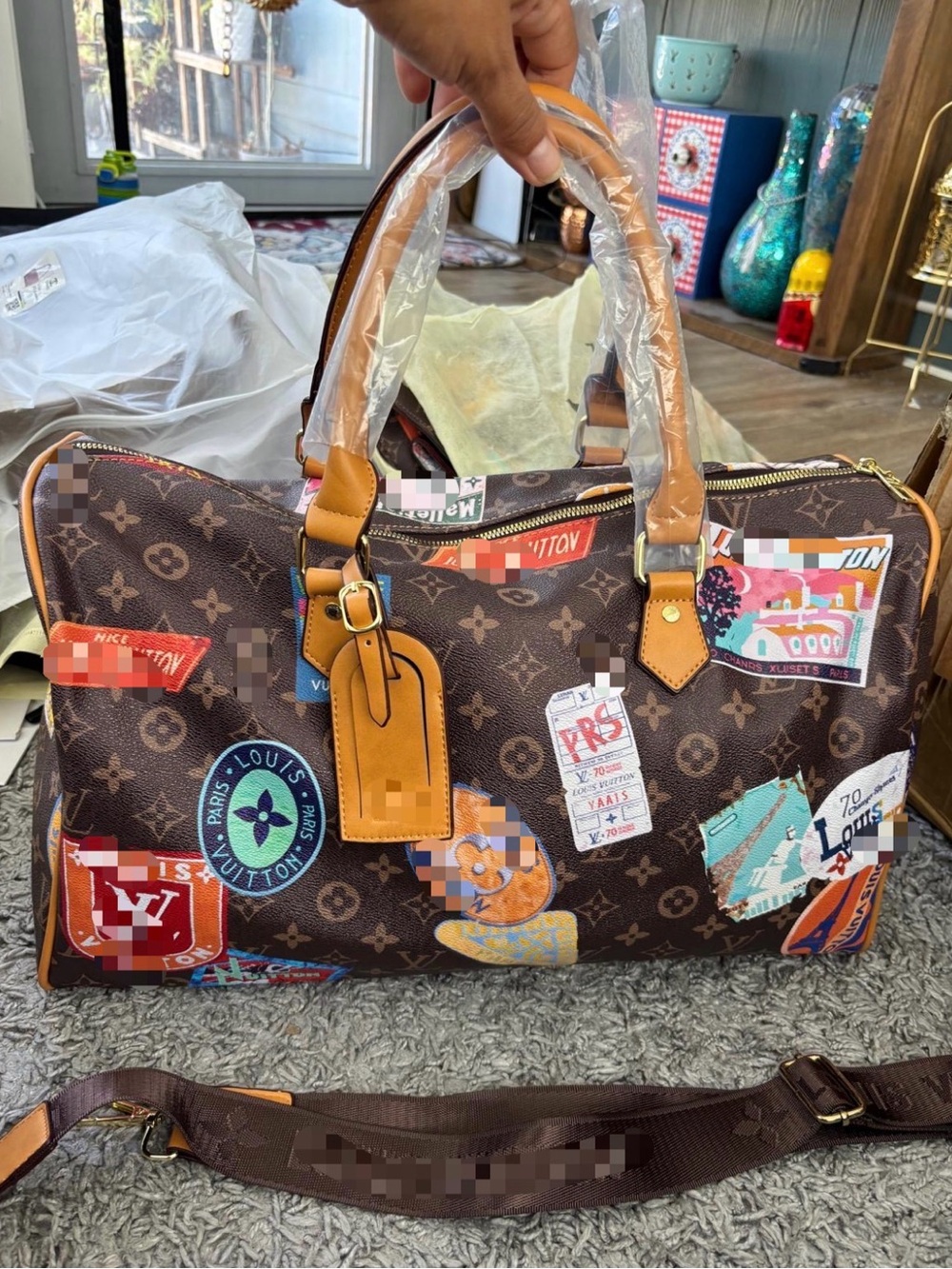 Louis Vuitton Brown Monogram Duffel with Multicolor Travel Sticker Accents